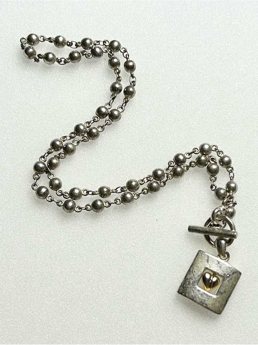 Vinatage Silver Anne Klein Beaded Chain Toggle Necklace with Heart Pendant 16”